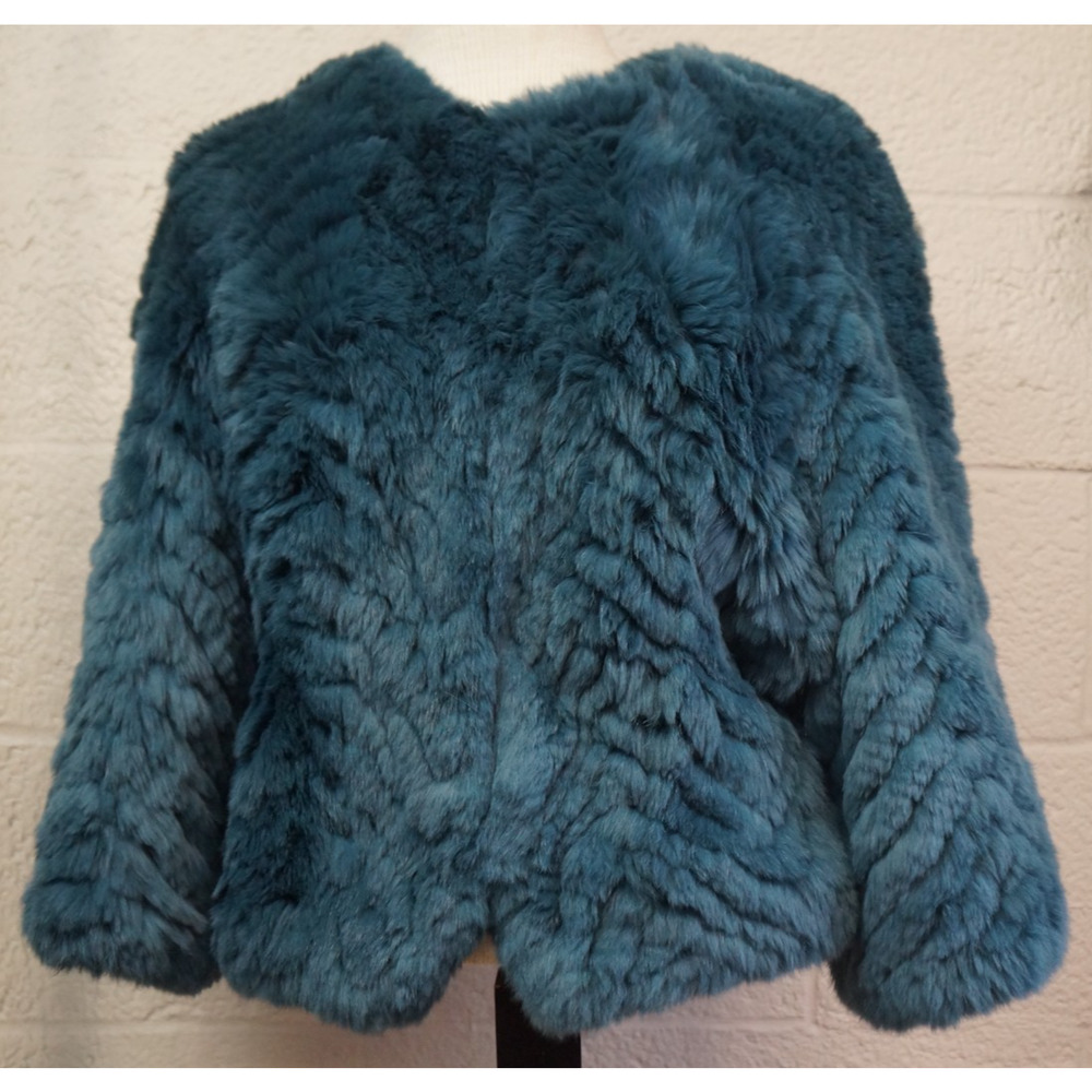 Barneys New York Teal Real Rabbit Fur Jacket Cropped Jagger Luxury Coat Size S - Picture 2 of 15